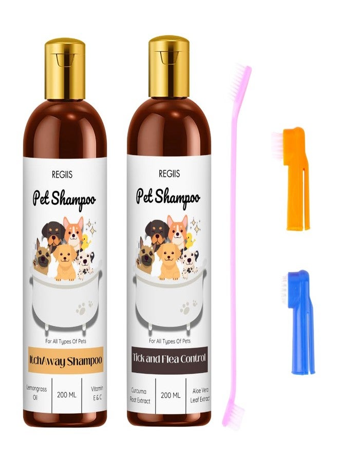 مجموعة شامبو للحيوانات الأليفة لجميع أنواع الحيوانات الأليفة، لمكافحة القراد والبراغيث بزيت عشبة الليمون ومستخلص جذر الكركم، 200 مل، عبوتان مع أدوات العناية (عبوة من 3 قطع) - Image 1